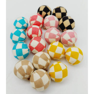 Brown and White Checkered Cotton Fabric Balls Tassel, Button with Ring Cap, Decorative Tassels
